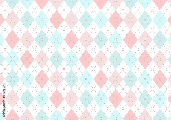 Obraz 【背景素材】アーガイルチェック柄33　白背景（薄いピンク、緑、水色、茶色、ピンク）
