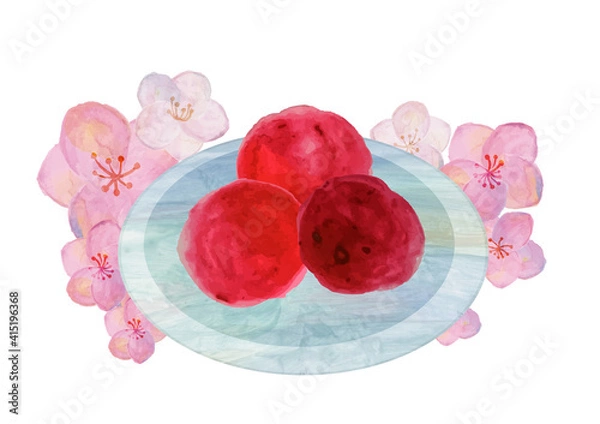 Fototapeta 梅干し　カリカリ梅　梅の花　挿絵　和食　水彩イラスト　和風　日本食