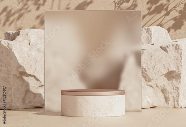 Fototapeta Mockup empty stone podium with rough glass frame. Minimal background for branding and product presentation. 3d rendering cosmetics, beauty product promotion pedestal.