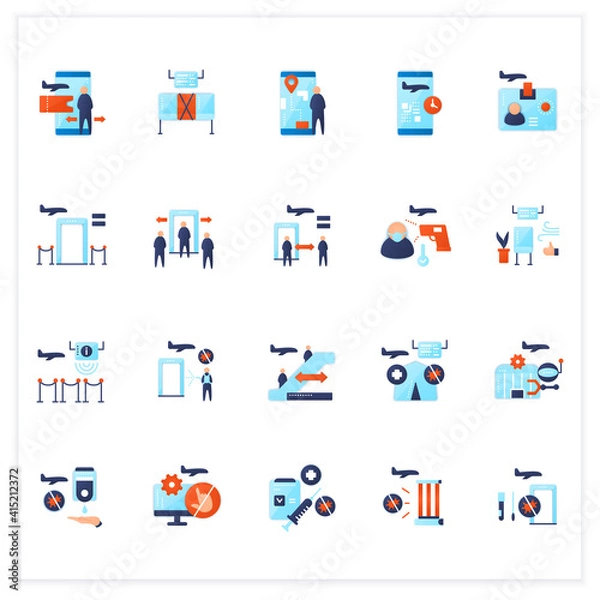 Fototapeta Airport new normal flat icons set. Consists of airport robotizing, biometric id, handwashing stations. Safe rules concepts.3d vector illustrations
