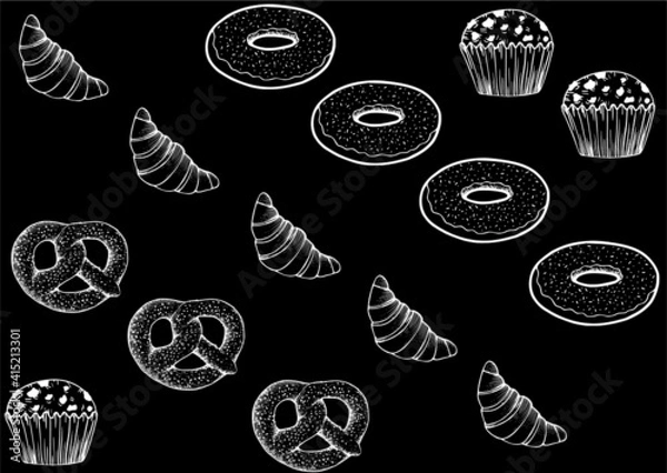Fototapeta Vector illustration of abstract contour buns, cupcakes and croissants on a black background