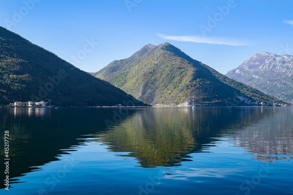 Fototapeta Donji Stoliv, Boka Kotorska bay, Montenegro. Seashore view with mountains