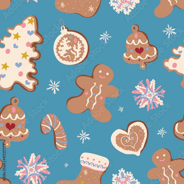Fototapeta Cute Christmas pattern with gingerbread cookies and snowflakes on blue. Winter holidays, sweet, for kids, festive, treats, cookies, snow, new year, Christmas market