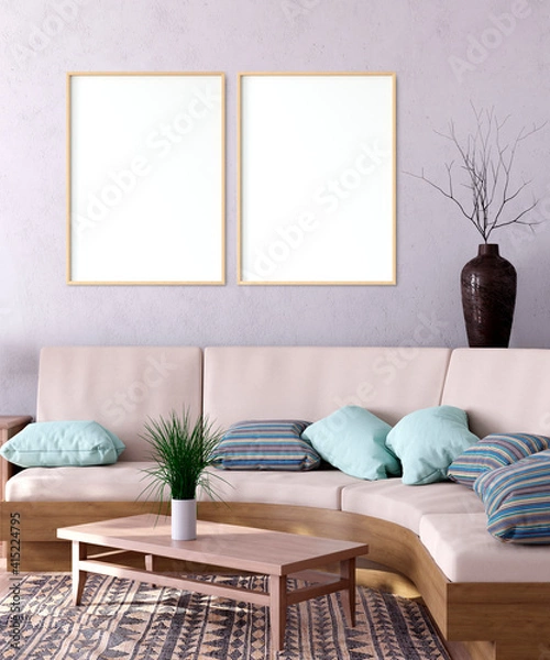 Fototapeta Mock up poster frame in Scandinavian style interior. Minimalist interior design. 3D illustration. 3D render