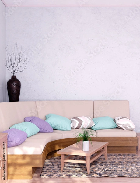 Fototapeta Wall mock up in living room. Scandinavian interior. 3d rendering, 3d illustration