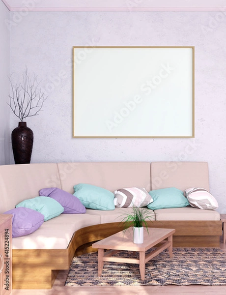 Fototapeta Mock up poster frame in Scandinavian style interior. Minimalist interior design. 3D illustration. 3D render