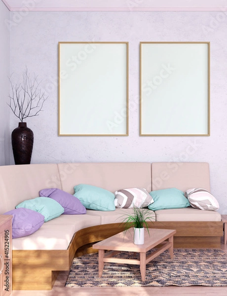 Fototapeta Mock up poster frame in Scandinavian style interior. Minimalist interior design. 3D illustration. 3D render