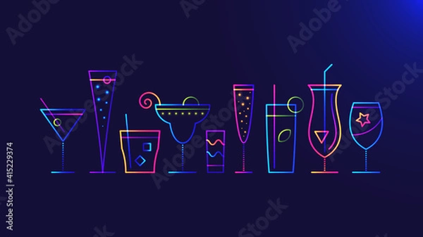 Fototapeta Cocktail party background. Vector illustration of abstract glowing neon colored different cocktail glasses over blue background for your design
