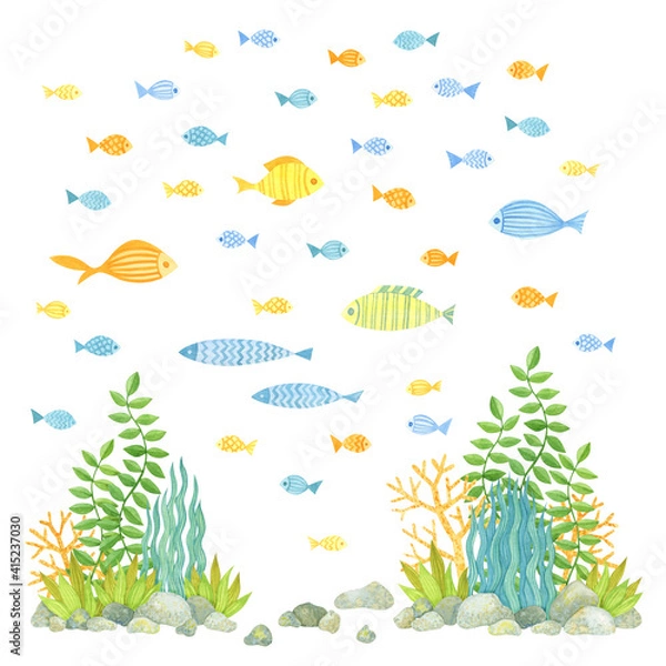 Fototapeta Cute colorful fishes card Deep sea. Watercolor, hand drawn. Blue, yellow, green and orange colors, isolated on white background. Good for kids fabric, textile, wrapping paper, wallpaper, prints