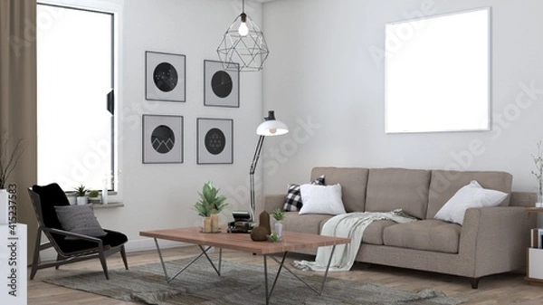 Fototapeta frame mockup on modern living room interior with sofa and green plants. 3d render
