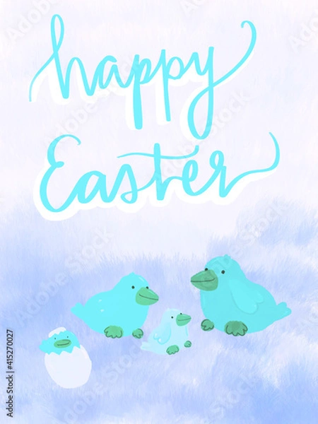 Fototapeta Digital illustration of yellow chicks and eggs in the spring saying Happy Easter