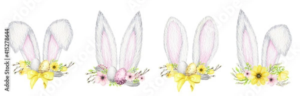 Obraz Easter Bunny ears set with floral crown and eggs isolated yellow gray Watercolor illustration on white background. Hand painted cartoon Spring Holidays Rabbit ears