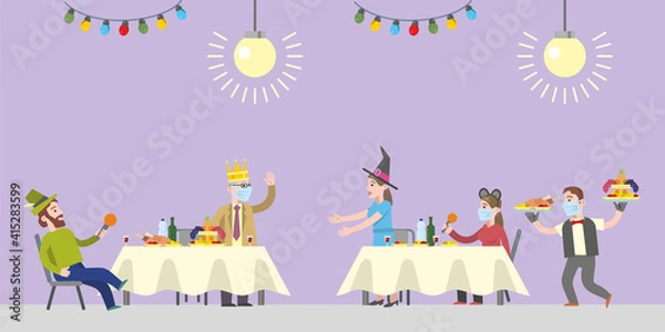 Fototapeta Group of happy business people wearing masks at a corporate party during the coronavirus. Positive men and women at the festive tables, dancing, singing karaoke. Flat infographics. Vector illustration