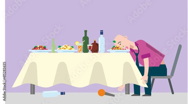 Fototapeta A drunk man at a corporate party fell asleep at a festive table. Salads, cocktail, alcohol on the festive table. A man sits on a chair, dropped the microphone. Flat infographics. Vector illustration..