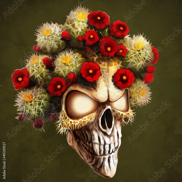 Obraz Skull and Cactuses with Red Floers
