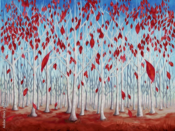 Obraz Birch Forest With Red Leaves