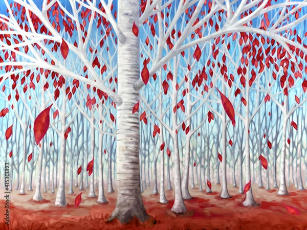 Obraz Birch Tree, Forest With Red Leaves