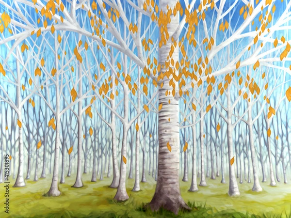Obraz Birch Tree, Forest With Yellow Leaves