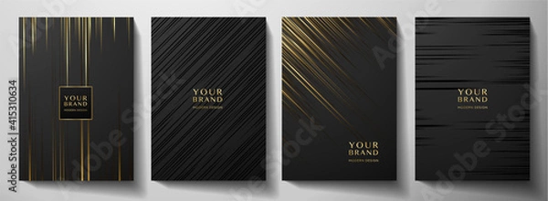 Fototapeta Modern black stripe cover design set. Luxury creative gold dynamic diagonal line pattern. Formal premium vector background for business brochure, poster, notebook, menu template 