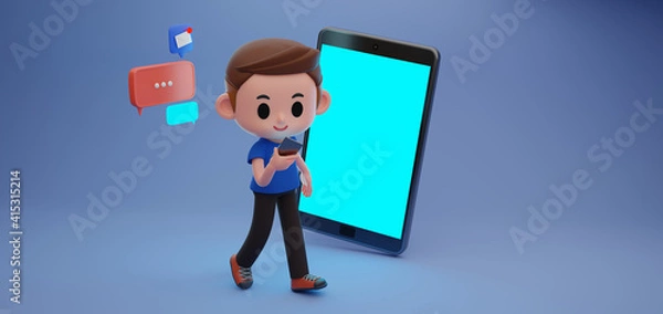 Fototapeta 3D render illustration of cute teenager boy character using smartphone while walking with many message icons and giant mobile phone