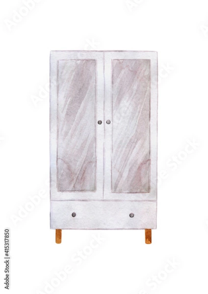 Obraz Drawing of a white Scandinavian wardrobe. Watercolor drawing of furniture for room decor.