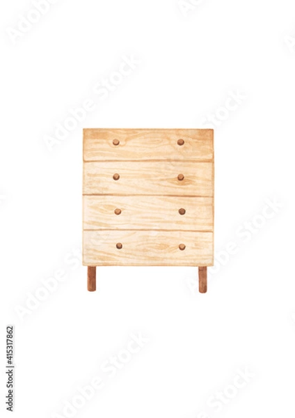 Fototapeta Drawing of a white Scandinavian chest of drawers. Watercolor drawing of furniture for room decor.