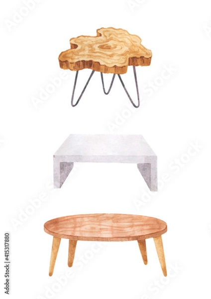 Obraz Watercolor illustration of coffee tables of different styles. Scandinavian wooden table.