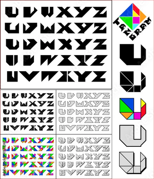 Fototapeta Tangram font, fixed-height alphabet, letters U,V,W,X,Y,Z, 5 styl