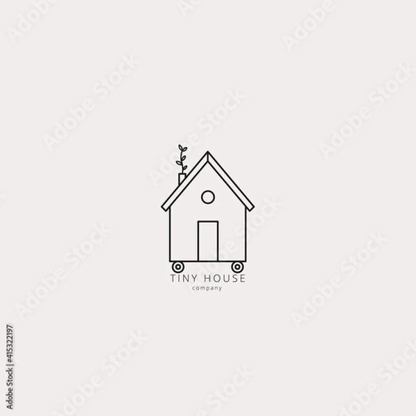 Obraz Vector illustration of tiny little house in linear style. Eco green home on wheels. Logo, emblem, icon, badge design template.