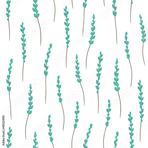 Fototapeta Softness loral seamless pattern. Hand drawn twigs with abstract teal blue flowers and leaves on white background. Summer or spring design template.