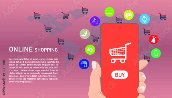 Fototapeta Online shopping on application and website concept, digital marketing online, shopping cart in troley with buy items on smartphone screen.