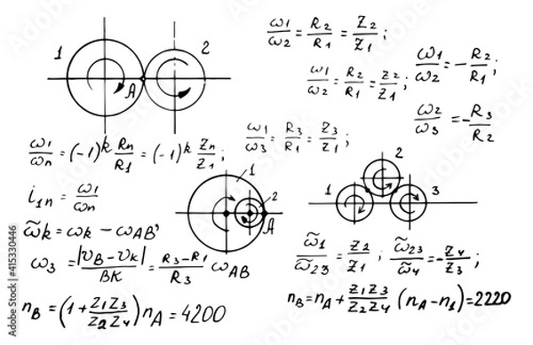 Obraz Rotation. Physical equations on whiteboard. Vector hand-drawn illustration. Vintage scientific and educational background.