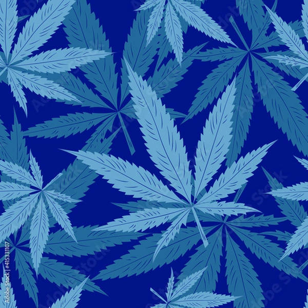 Obraz Marijuana fluorescent pattern seamless vector pattern. Neon medical cannabis, drawn outline on a dark background. Weed background for packaging, wallpaper, wrapping paper, posters, surface design