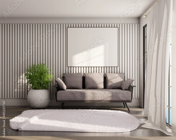 Fototapeta Empty poster on a wall above cozy couch. Template frame for art and lettering. 3D rendering.