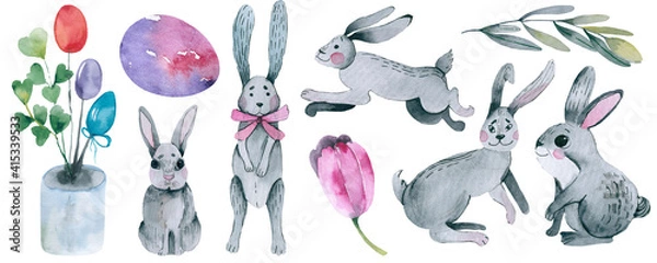 Obraz Big Collection of Happy Easter Objects. Flat Design Illustration. Set of Spring Religious Christian