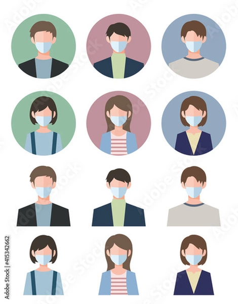 Fototapeta マスクを着用した若者のアイコンセット・人物イラスト・男女