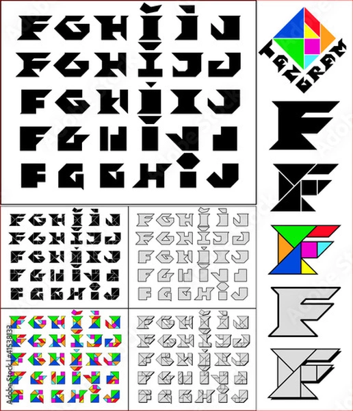 Fototapeta Tangram font, fixed-height alphabet, letters F,G,H,I,J, 5 styles
