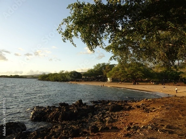 Obraz 夕焼けに照らされるハワイの海岸
