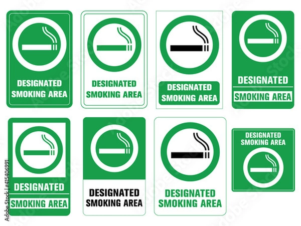 Fototapeta Designated smoking area - green signboard sticker set with public notice information
