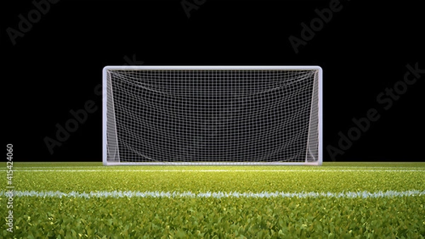 Fototapeta Soccer goal with lawn and black background with clipping mask included.