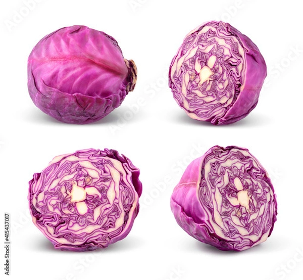 Fototapeta Red cabbage. Whole and half. Isolated on white background. Set. Collection.