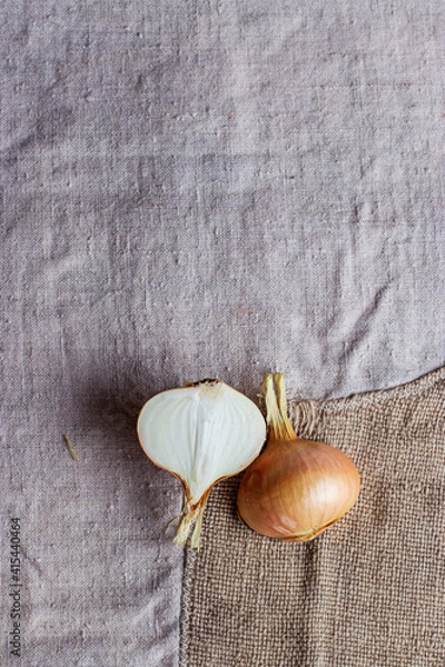 Fototapeta The bulb is cut in half and rests on the homespun cloth of their cotton. Burlap as background.
