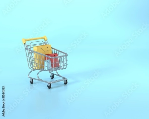 Fototapeta Shopping cart on a pastel pink background. Sale buy shopping mall market store. Shopping Trolley. Minimalist concept, isolated cart. 3d render