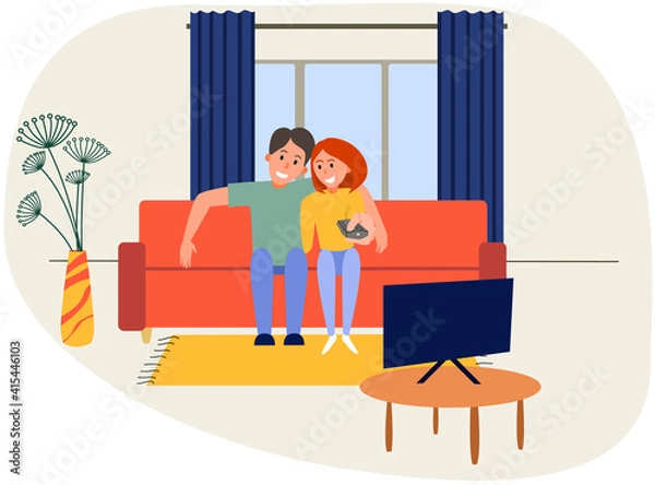 Fototapeta Vector illustration in flat style of a modern couple watching TV in the living room on the sofa