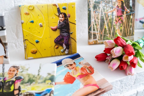 Fototapeta Photography printed on canvas with gallery wrap method of canvas stretching. Photo of active little girl