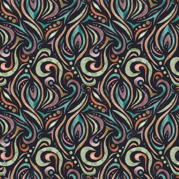 Fototapeta Hand-drawn waves seamless pattern  on a dack background. Abstract watercolor background in a diamond pattern