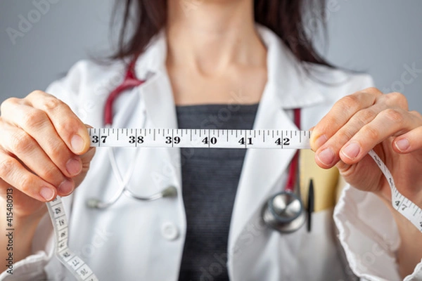 Fototapeta Close up isolated image of a caucasian doctor holding a tape measure in her hands which shows 40 inches as abdominal circumference upper limit in healthy people. Concept for weigh loss and fitness.