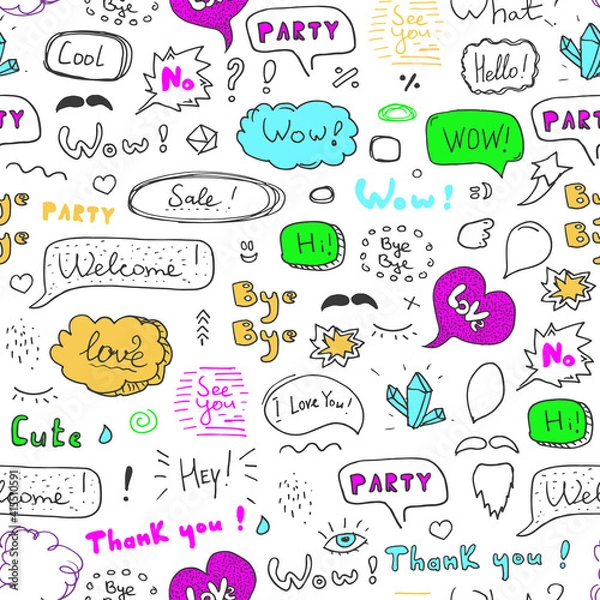 Fototapeta Hand-drawn speech bubble and elements seamless pattern