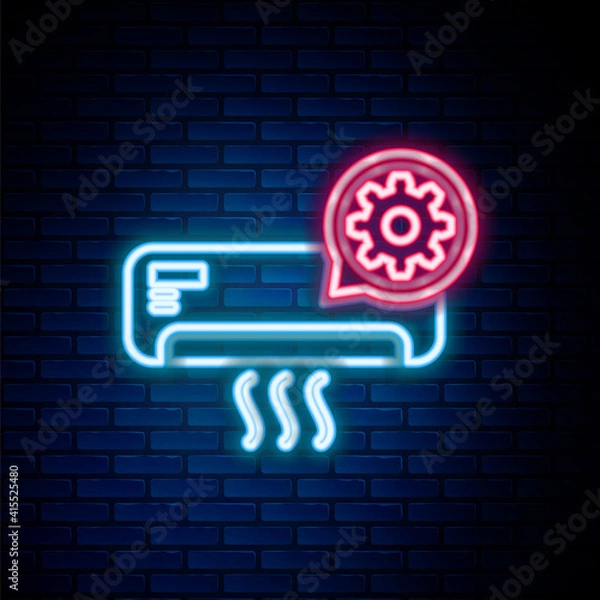 Fototapeta Glowing neon line Air conditioner and gear icon isolated on brick wall background. Adjusting app, service concept, setting options, maintenance, repair, fixing. Colorful outline concept. Vector.