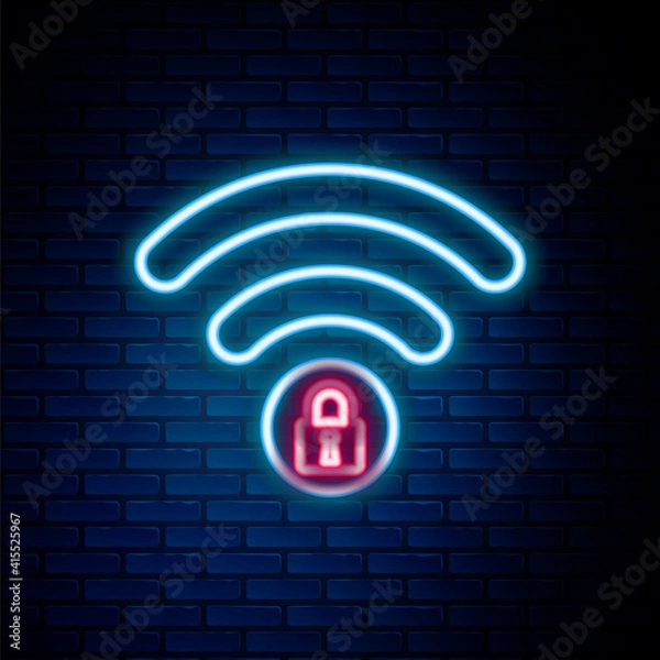 Fototapeta Glowing neon line Wifi locked sign icon isolated on brick wall background. Password Wi-fi symbol. Wireless Network icon. Wifi zone. Colorful outline concept. Vector.